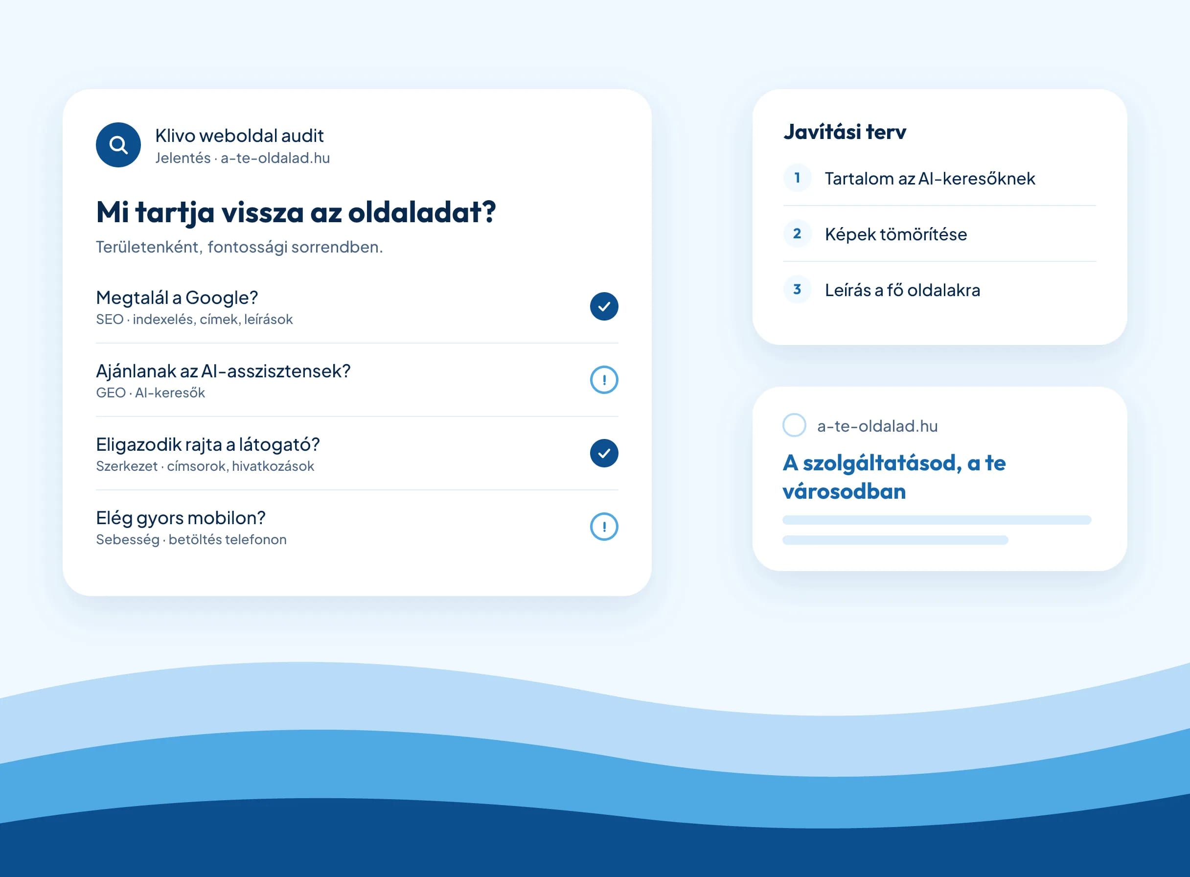 Illusztráció: weboldal audit jelentés területenkénti értékeléssel, fontossági sorrendbe tett javítási tervvel és a keresőbeli találat előnézetével