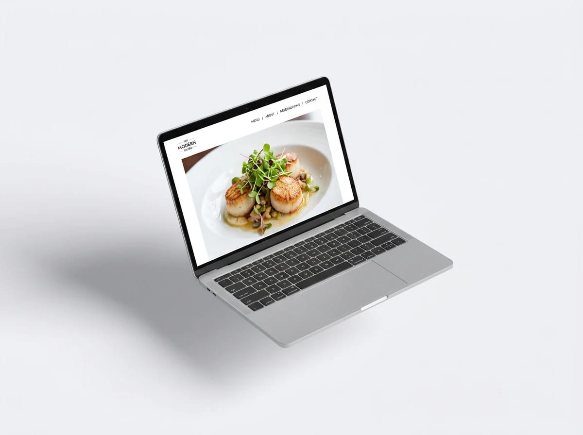 Étterem weboldalának nyitóképernyője laptopon, egész szélességű ételfotóval és felső menüsorral