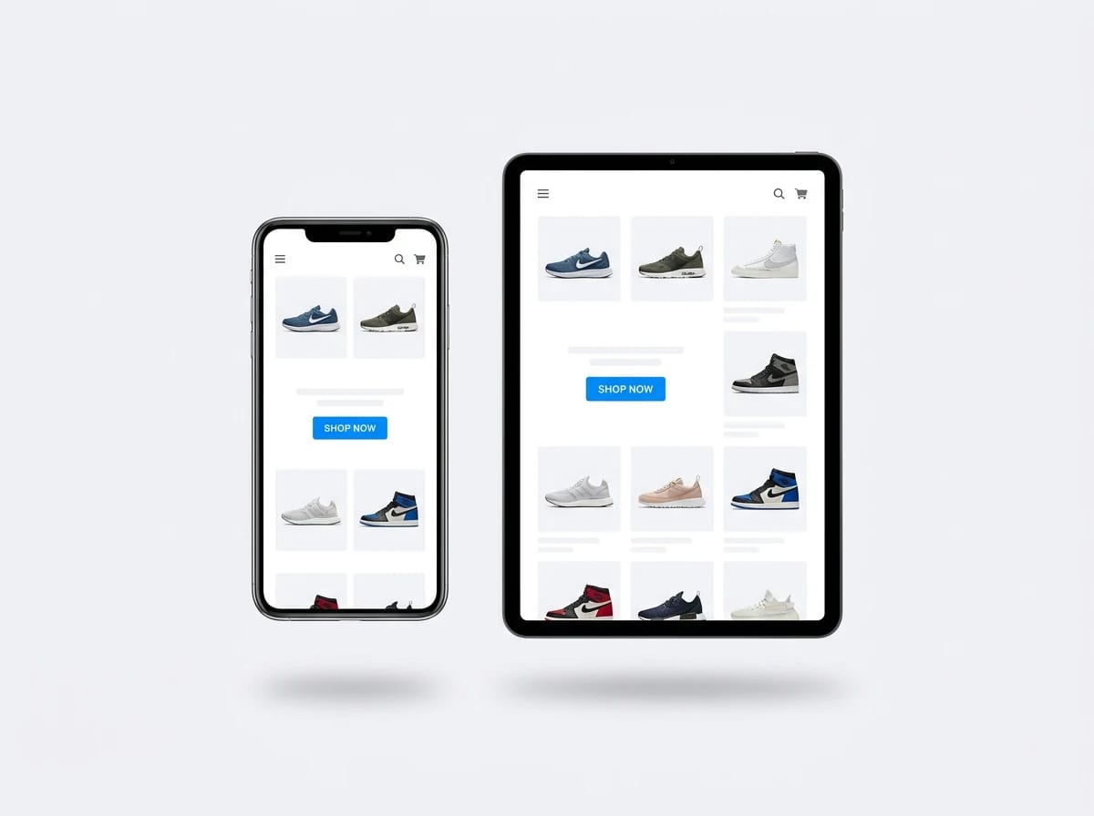 Webshop terméklistája telefonon és tableten, kétoszlopos termékrácssal és vásárlás gombbal
